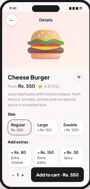 FoodHub product page with sizes and extras