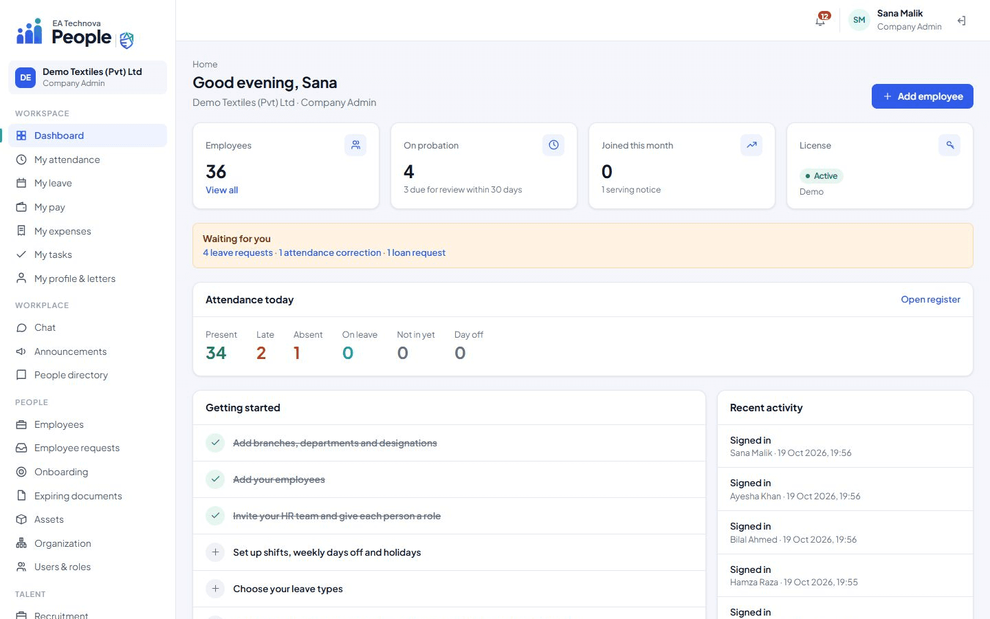 EA Technova People admin dashboard for a demo company