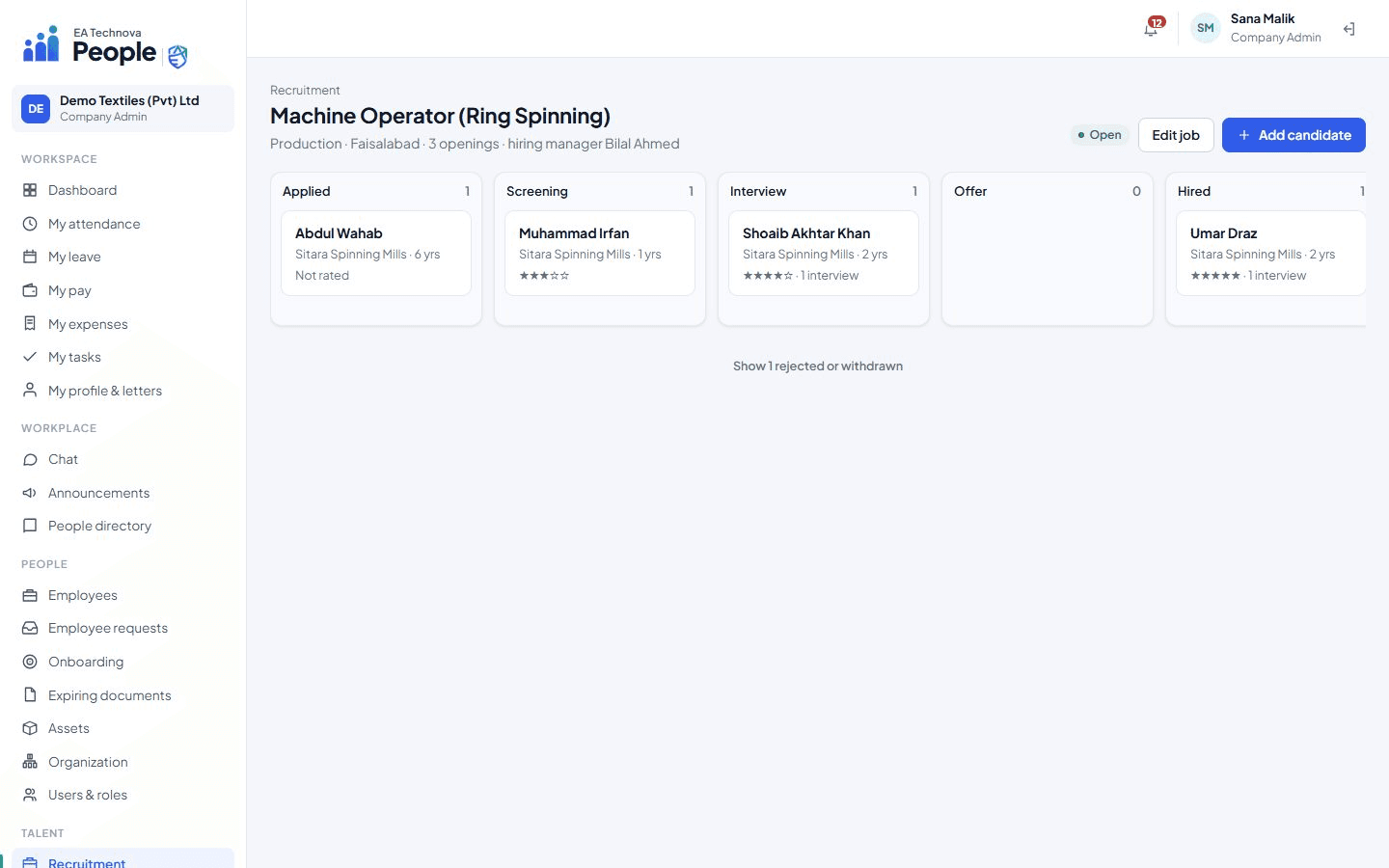 EA Technova People recruitment pipeline board