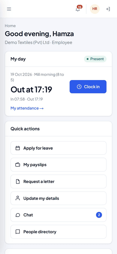EA Technova People employee home on a phone with clock-in